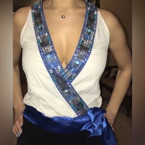 Blue Satin Top with Beaded Embellishments